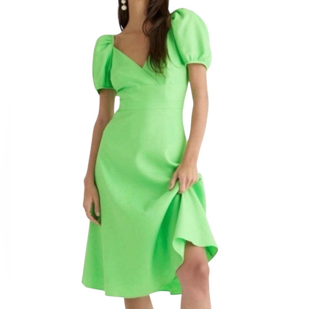 J. Crew Summer Lime Green Puff-sleeve midi dress stretch linen Size 6 MSRP 148.0